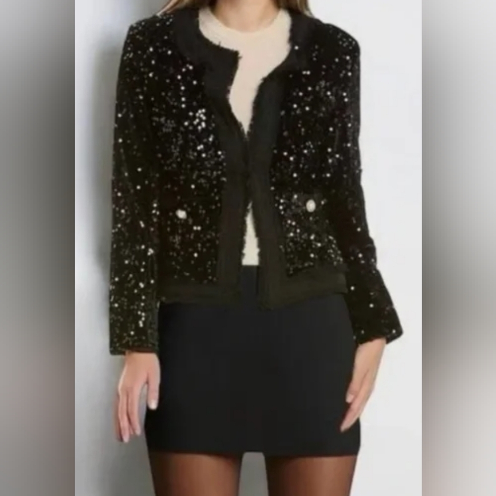 Nanette Lepore Black Sequined Button Down Jacket Coat Pearl Button Medium New